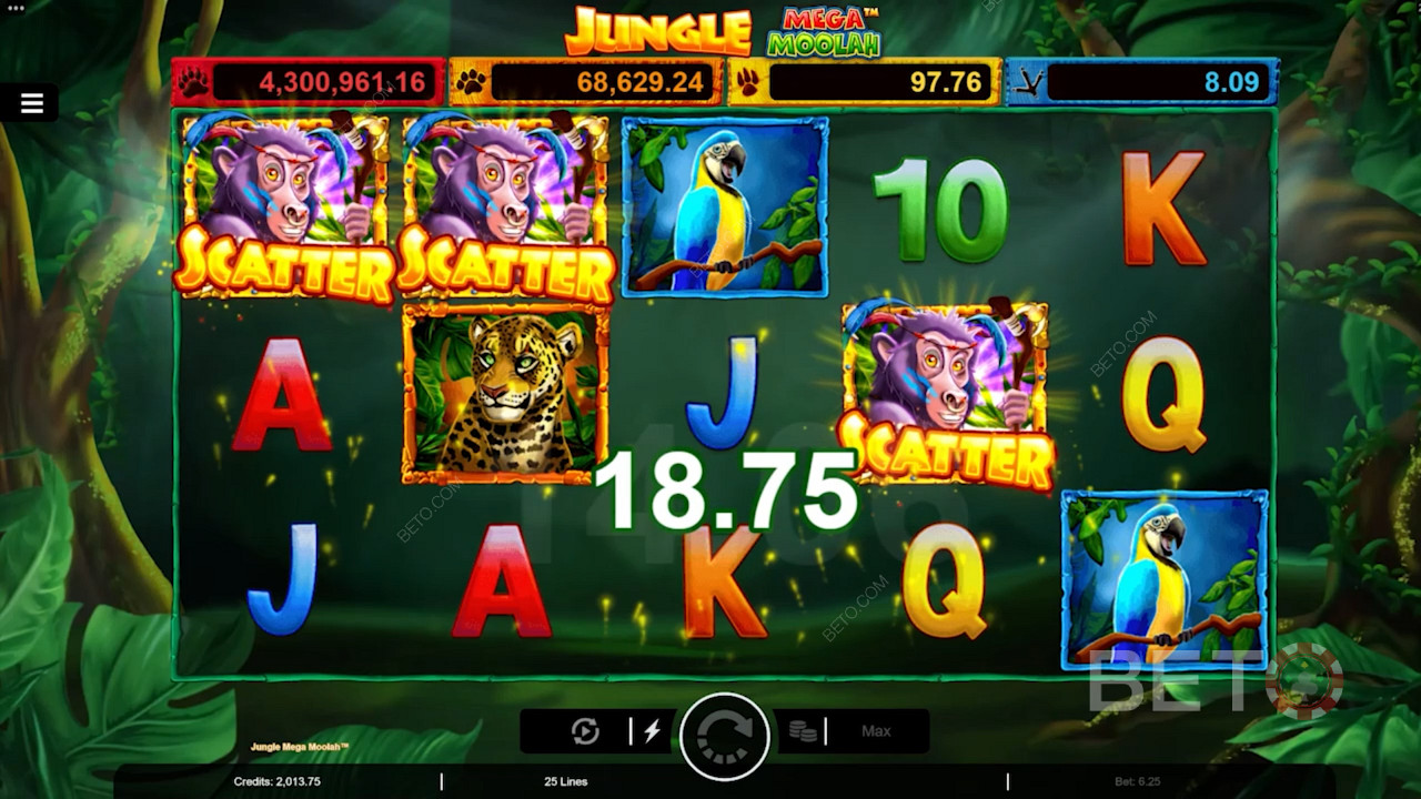 Prinde 3 Monkey Scatter pentru a declanșa rotiri gratuite în jocul ca la aparate online Jungle Mega Moolah
