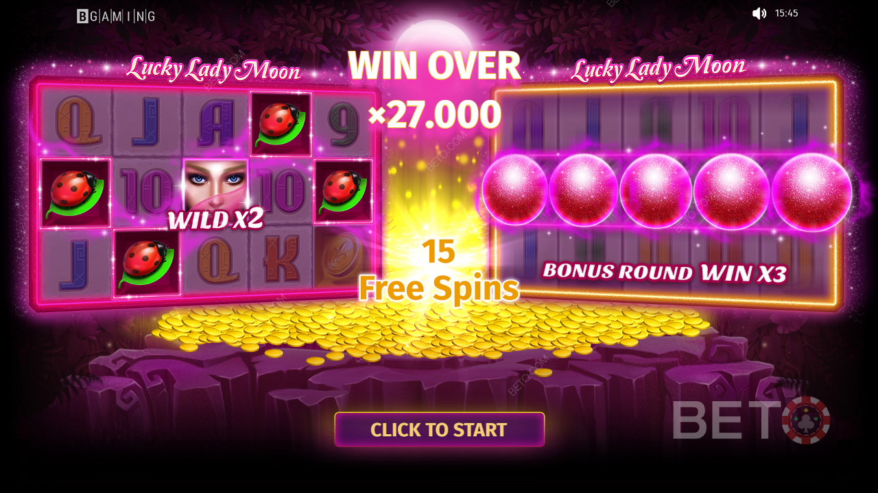 Continuați să jucați pentru a câștiga premii în valoare de până la 27.000x miza la slotul Lucky Lady Moon