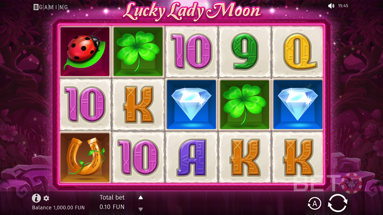 Bazat pe o temă fantezistă, slotul Lucky Lady Moon a folosit 10 linii de plată fixe pe o grilă 5x3.
