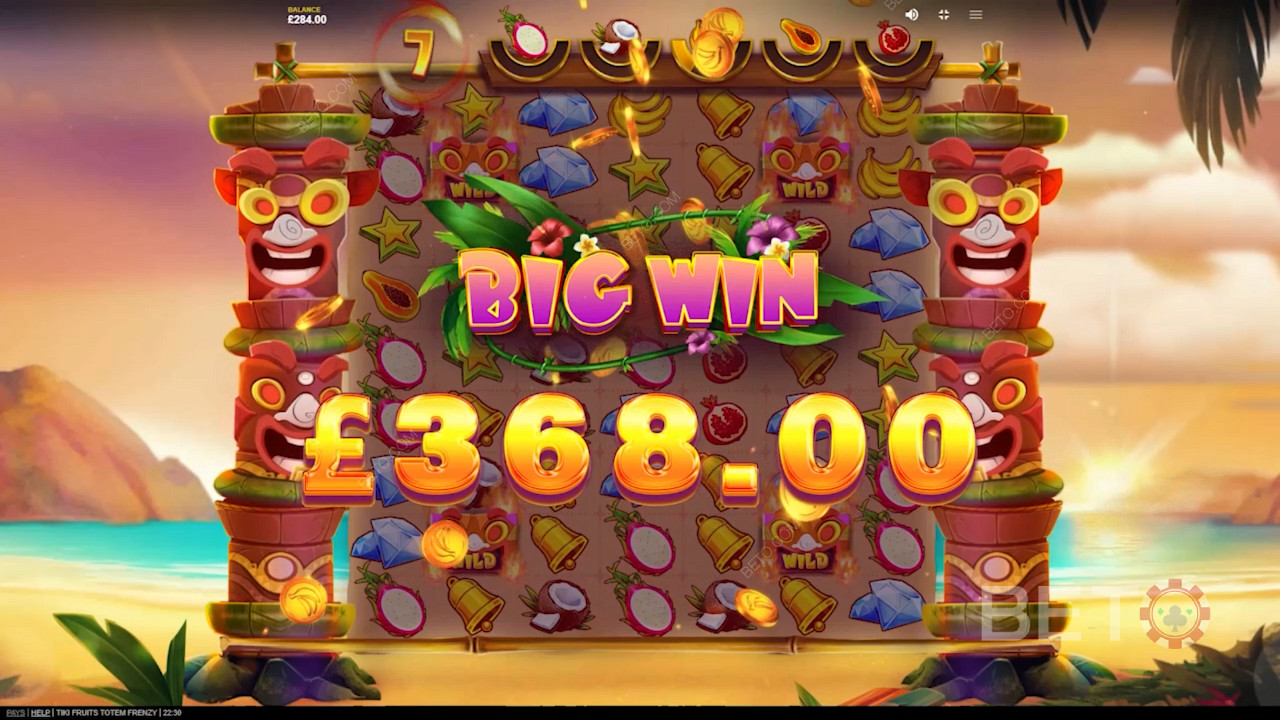 Bucură-te de câștiguri uriașe cu ajutorul simbolurilor lipicioase Tiki Mask în slotul Tiki Fruits Totem Frenzy