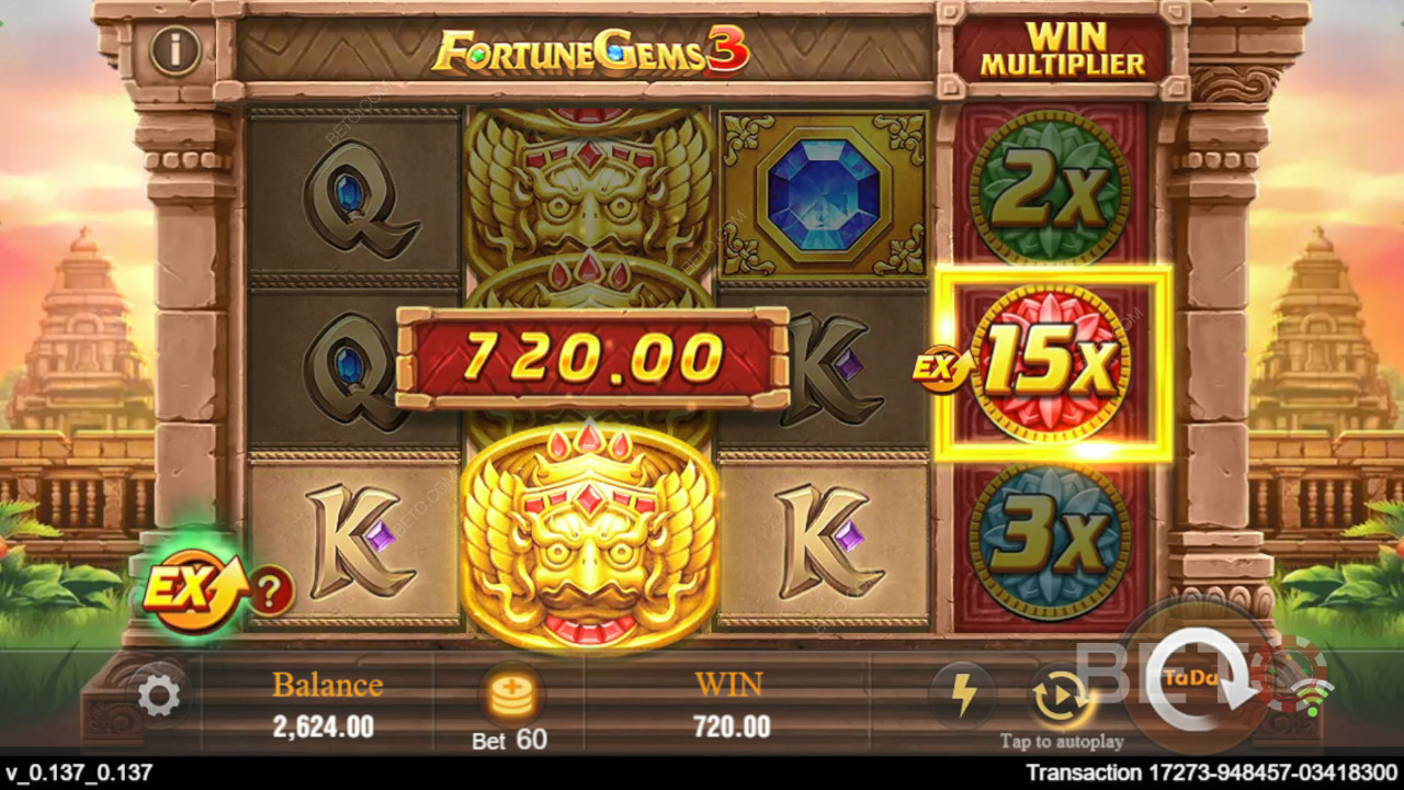 Câștigă 10,125x pariul tău în jocul ca la aparate online Fortune Gems 3!