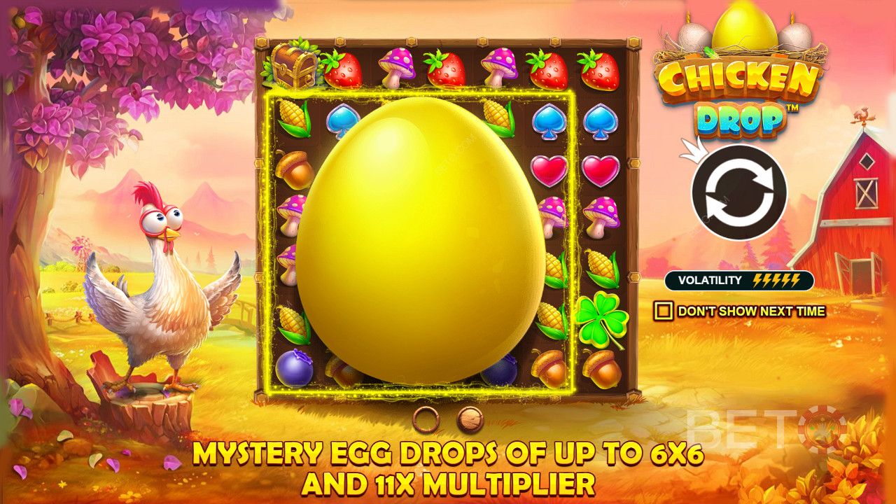 Bucură-te de picăturile de ouă cu multiplicatori și dimensiuni mai mari în slotul online Chicken Drop