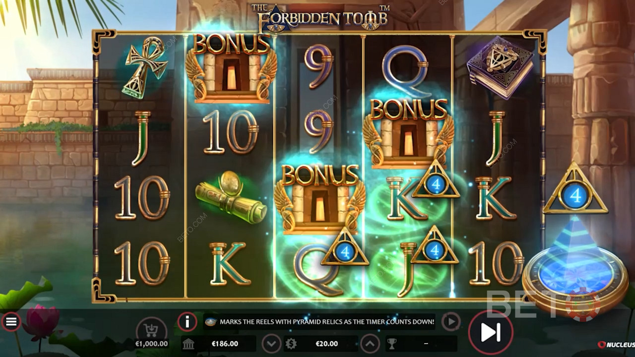 Declanșează Free Spins cu 5 până la 10 Wilds în jocul video The Forbidden Tomb de la Nucleus Gaming