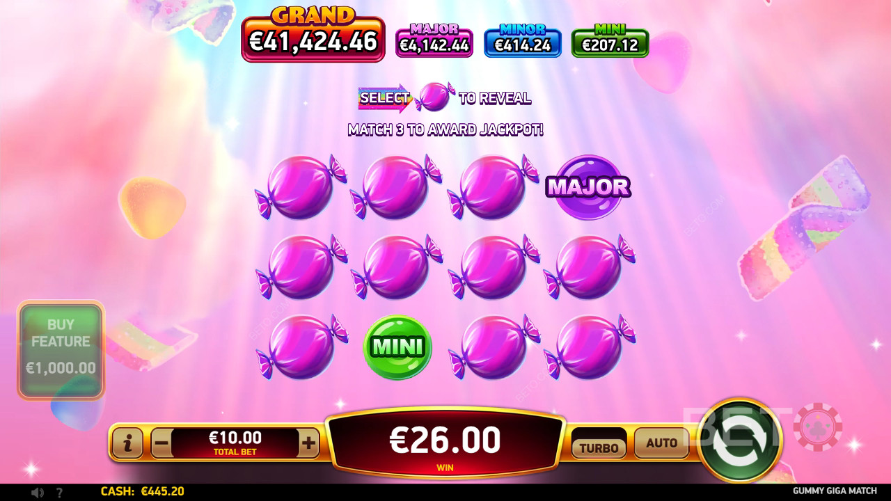 Câștigă 18,997x pariul tău în jocul ca la aparate online Gummy Giga Match!