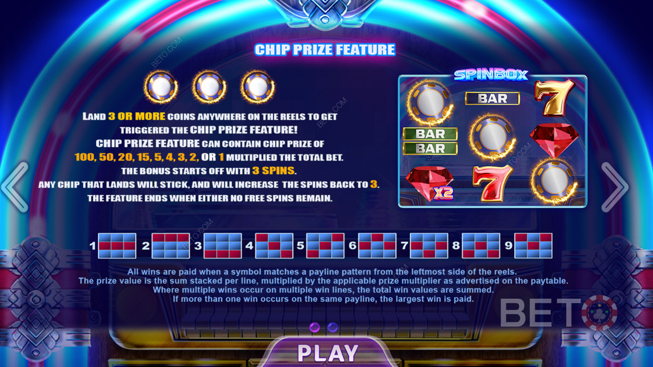 Spinboxecranul introductiv al jocului care arată informații despre diferitele linii de plată