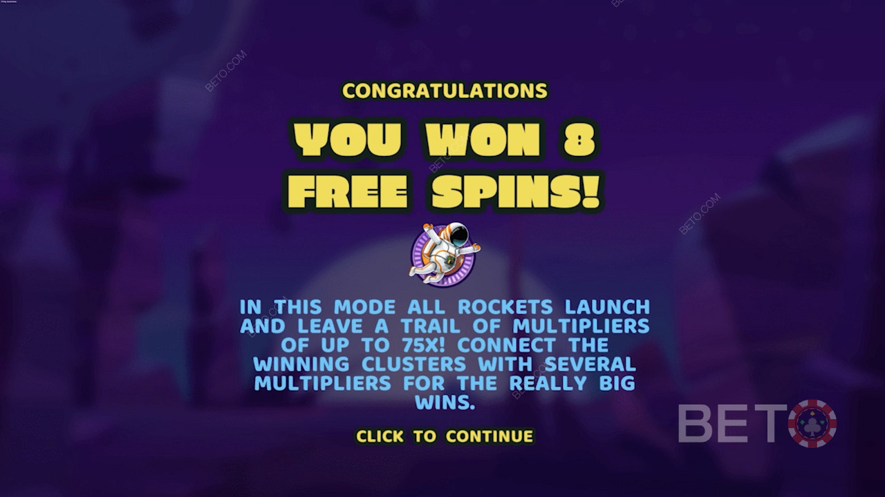 Prinderea a 3 simboluri Spaceman declanșează modul de joc Free Spins în acest joc ca la aparate.