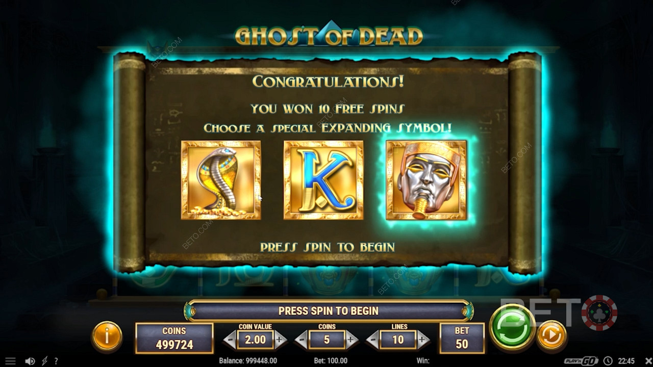 Selectarea simbolului de expansiune în runda de rotiri gratuite Ghost of Dead
