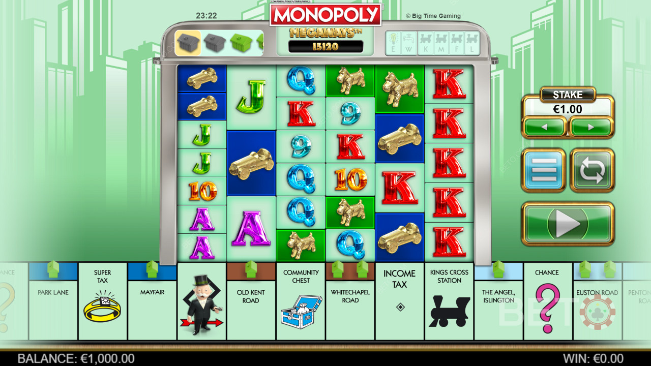 Grila de joc Megaways în Monopoly Megaways