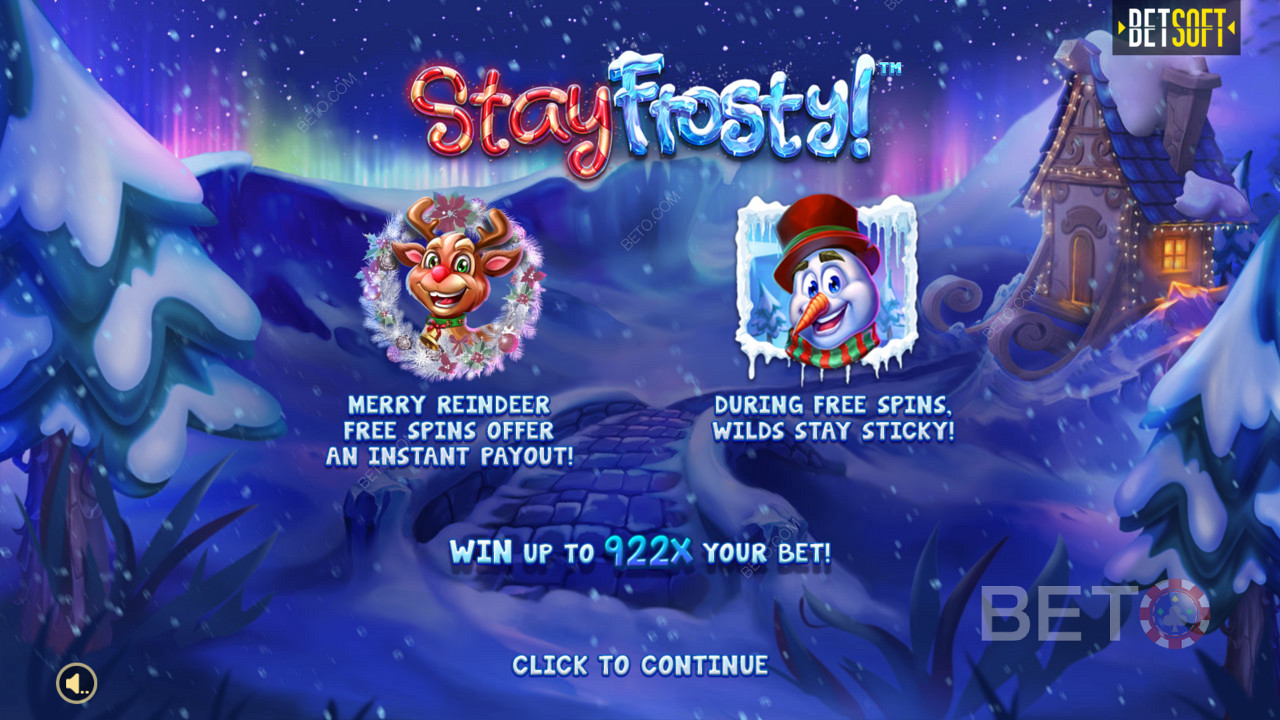 Ecranul de introducere în Stay Frosty! Merry Reindeer Free Spins & Câștig maxim de 922x pariul tău!