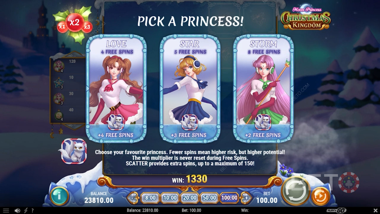 Runda specială de rotiri gratuite în Moon Princess Christmas Kingdom