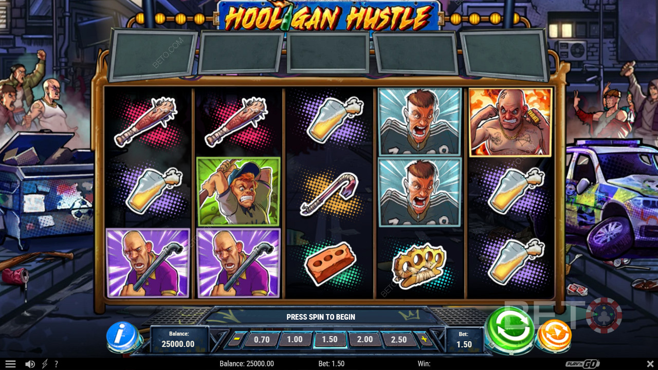 Bucură-te de mai multe funcții puternice, cum ar fi funcția Free Spins în jocul de păcănele Hooligan Hustle.