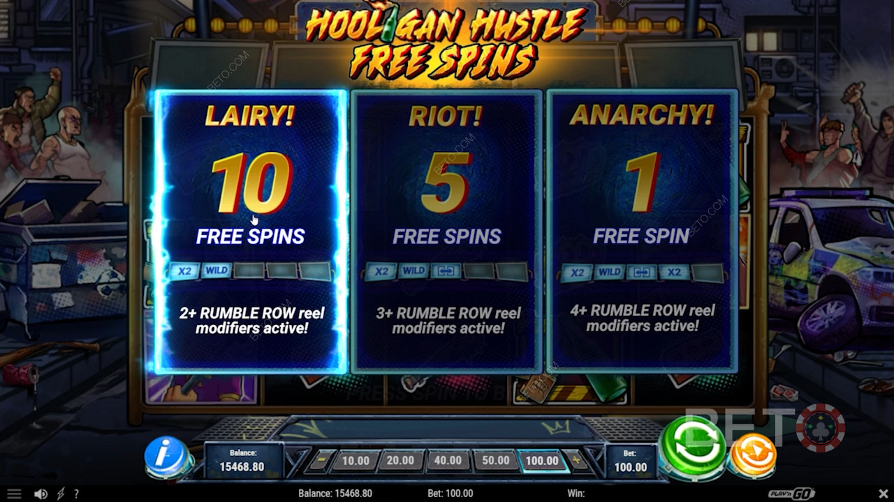 Alege tipul de Free Spin în jocul de aparate Hooligan Hustle