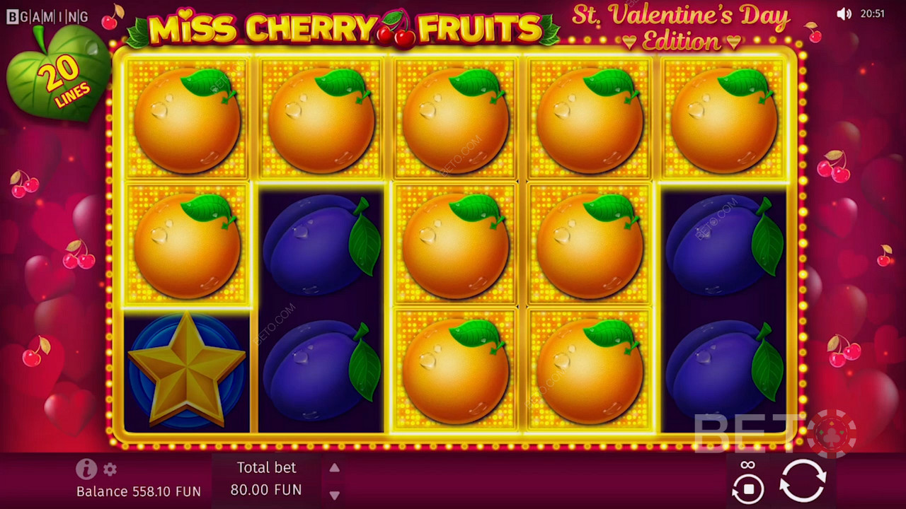 O mulțime de simboluri portocalii pe slotul Miss Cherry Fruits