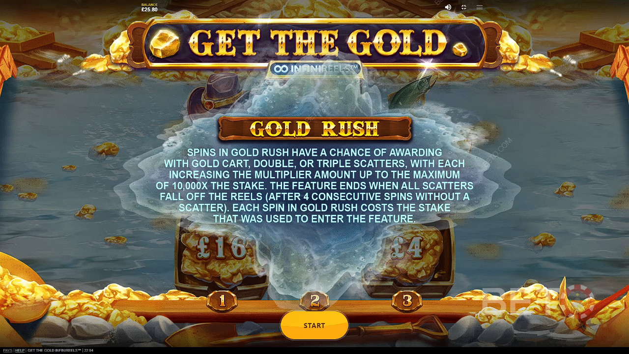 Adună 3 sau mai multe simboluri scatter Gold Cart pentru a începe ora Golden Rush.