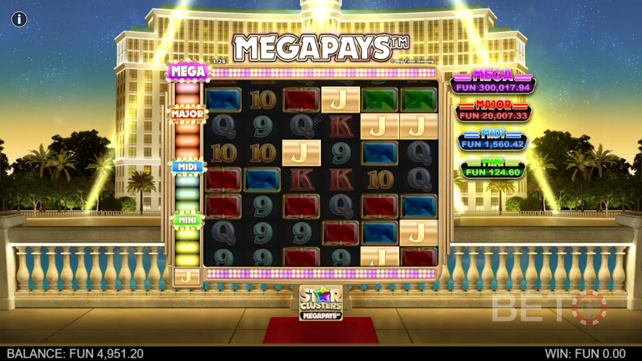 Adună cel puțin 4 simboluri Megapays pentru a câștiga la jocul ca la aparate Star Clusters Megapays.
