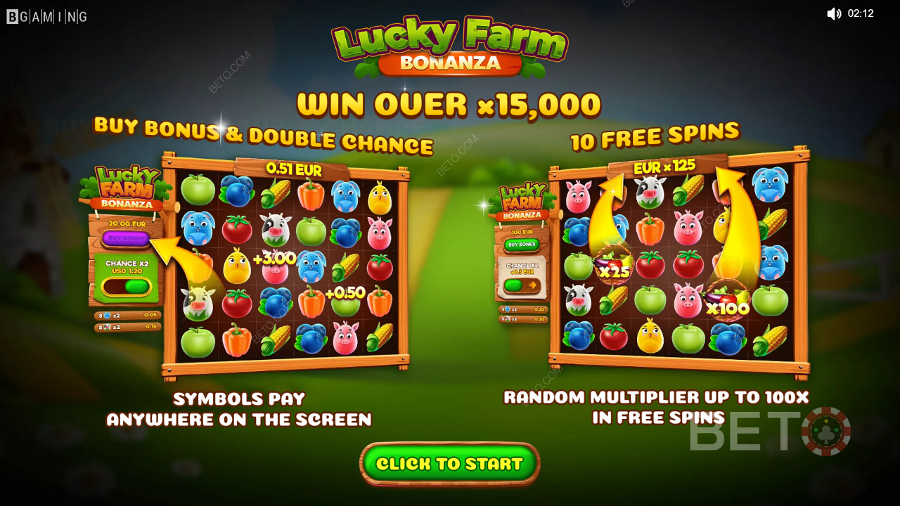 Bucură-te de multiplicatori, șansă dublă și rotiri gratuite în jocul de cazino Lucky Farm Bonanza