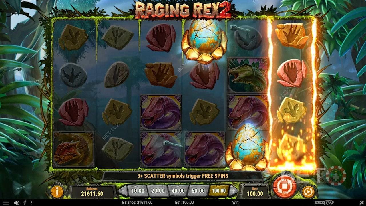 Cel puțin 3 simboluri scatter de declanșare sunt necesare pentru a declanșa rotirile gratuite în jocul ca la aparate Raging Rex 2.