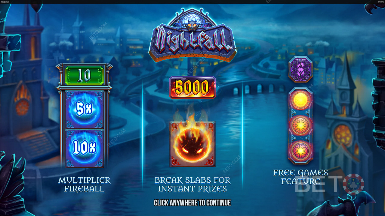 Bucură-te de funcții incredibile, cum ar fi Multiplier Fireballs și Free Spins în jocul de păcănele Nightfall