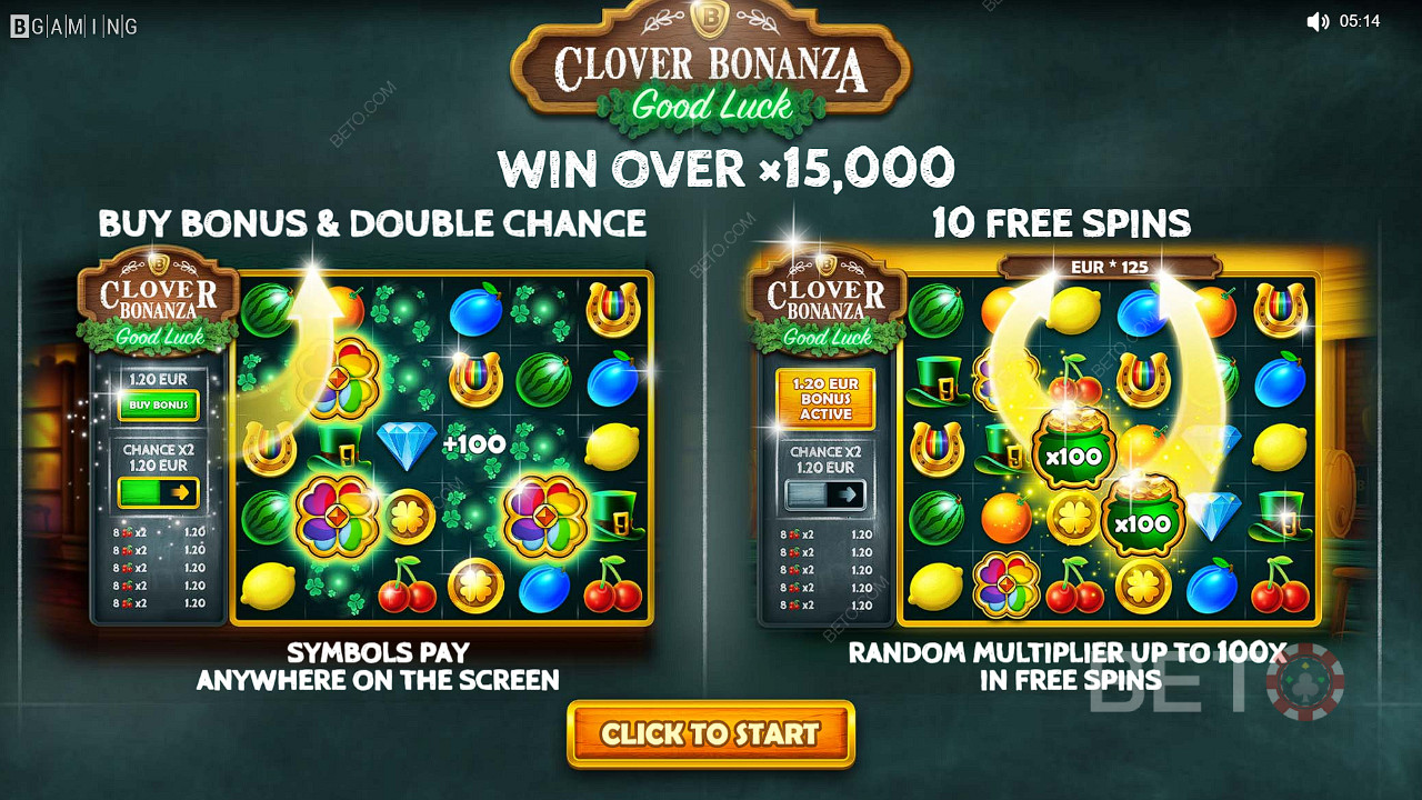 Bucură-te de funcțiile Buy Bonus, Double Chance și Free Spins în slotul Clover Bonanza.
