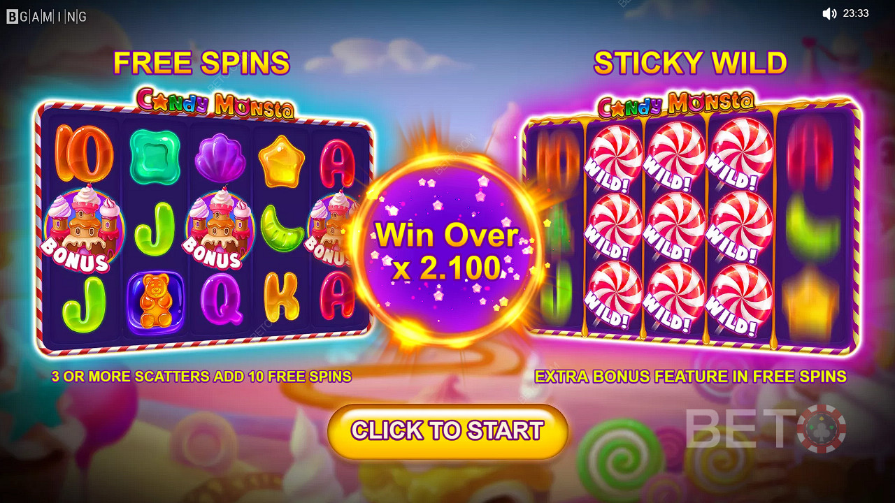 Joacă Candy Monsta Slot - acum pentru o șansă de a câștiga premii în bani în valoare de 1.000x pariul total.