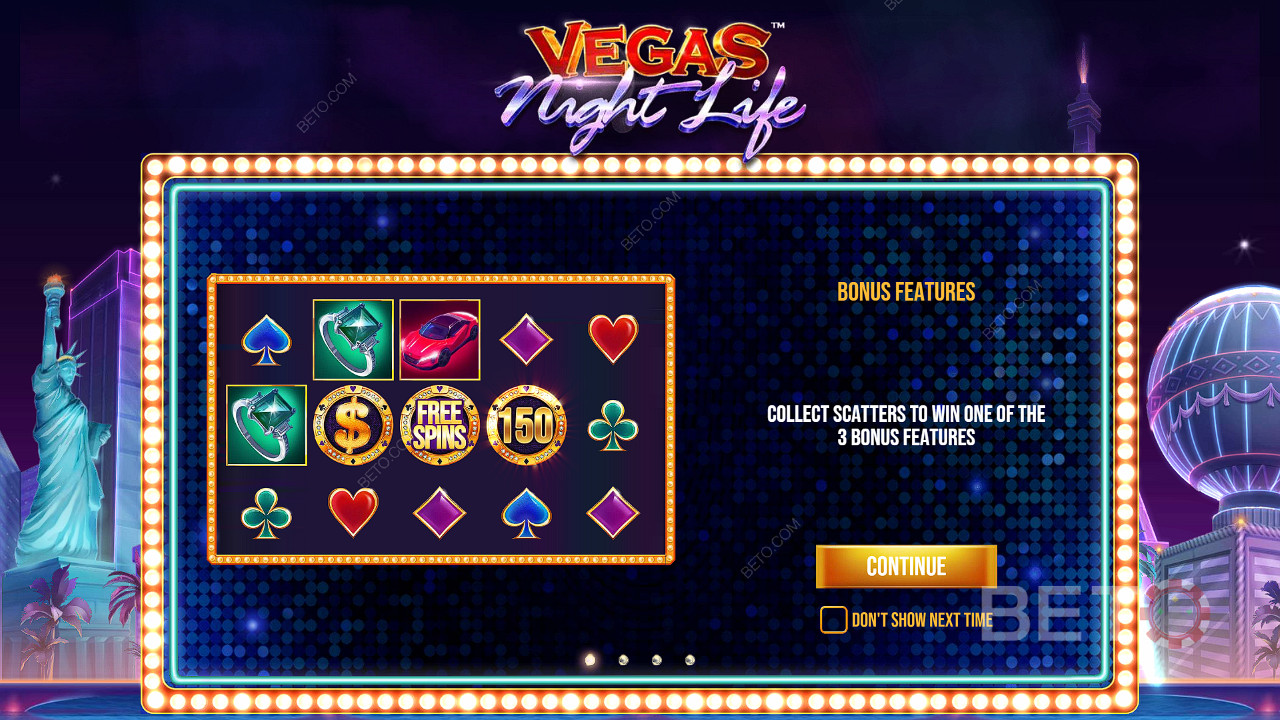 3 simboluri scatter te vor premia cu unul dintre bonusurile din jocul ca la aparate Vegas Night Life.