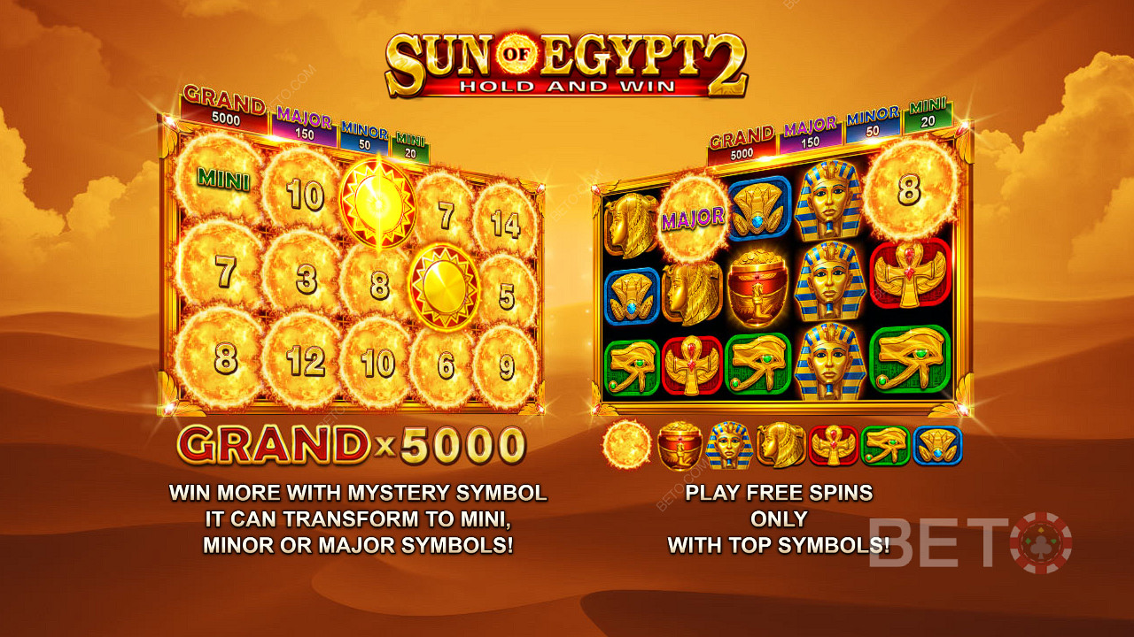 Bucură-te de jackpoturi în valoare de până la 5.000x pariul tău și de rotiri gratuite în slotul Sun of Egypt 2