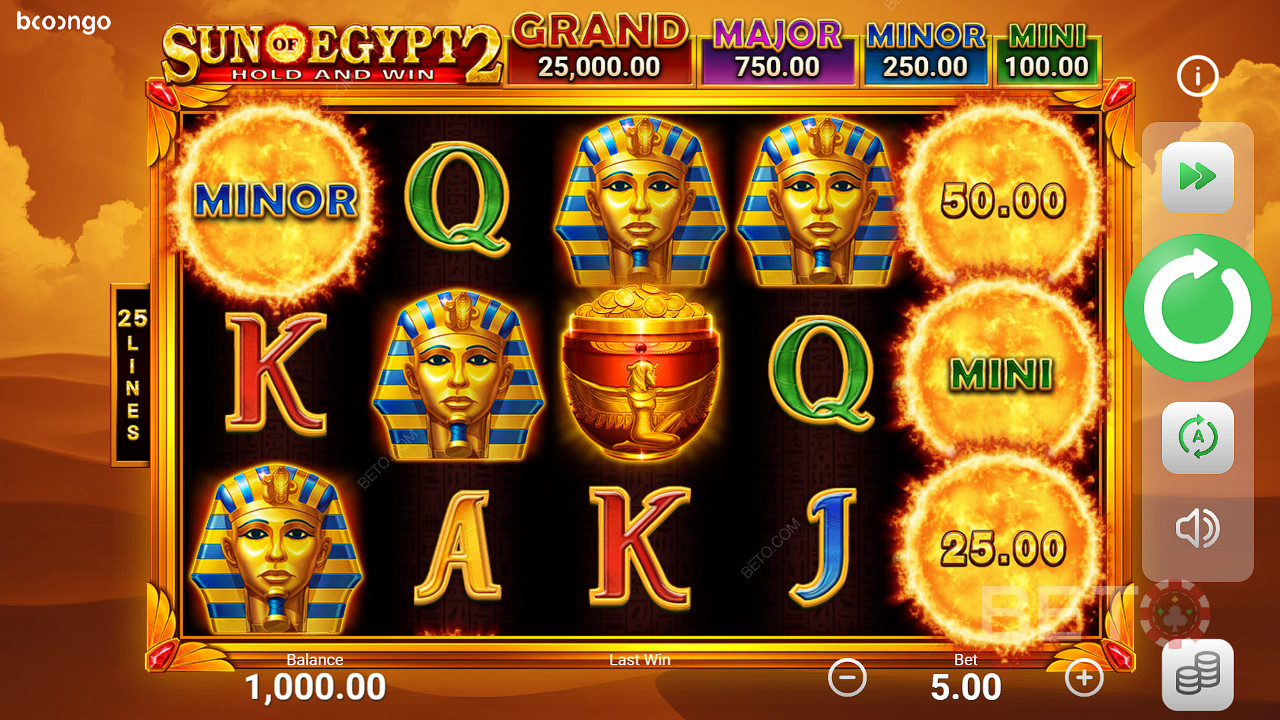 Șase sau mai multe simboluri bonus declanșează jocul bonus în jocul ca la aparate Sun of Egypt 2.