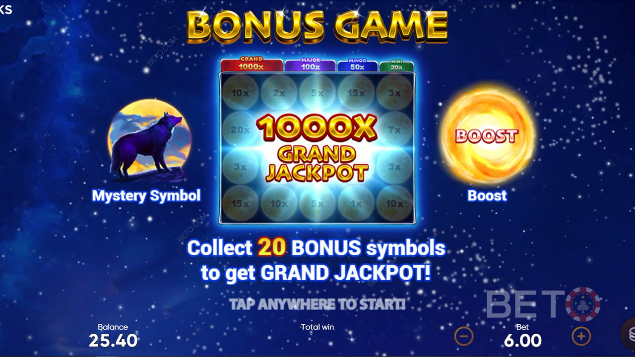 Colectează 20 de simboluri Bonus în Bonus Game pentru a debloca Marele Jackpot.