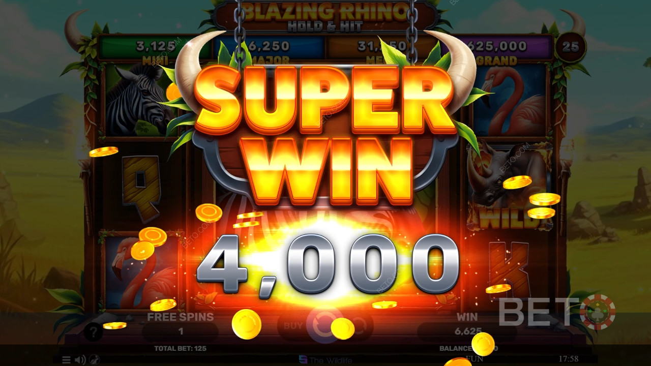Câștigă 5.000x pariul tău în Blazing Rhino Hold & Hit Video Slot!