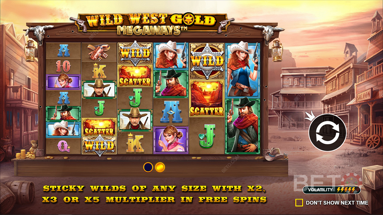 În slotul Wild West Gold Megaways există simboluri Sticky Wilds cu multiplicatori de până la 5x.