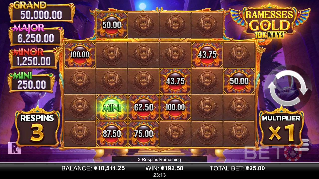 Câștigă 9,065x pariul tău în jocul ca la aparate Ramesses Gold 10K Ways!