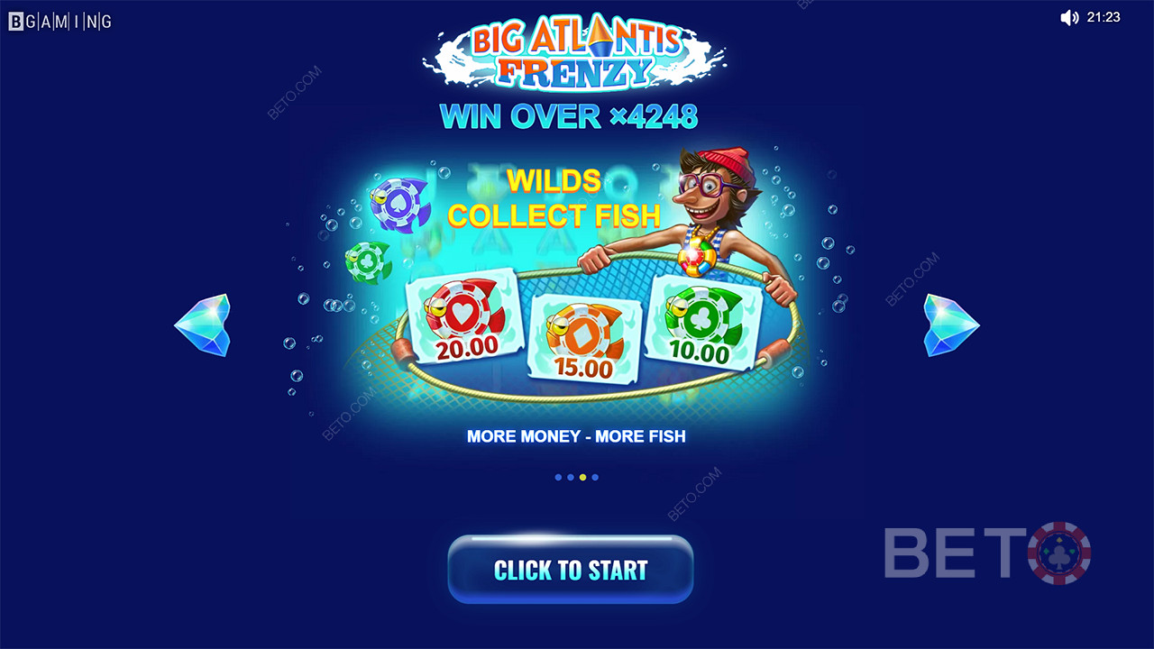 Simbolurile wild colectează simboluri pește și acordă câștiguri în jocul ca la aparate Big Atlantis Frenzy.