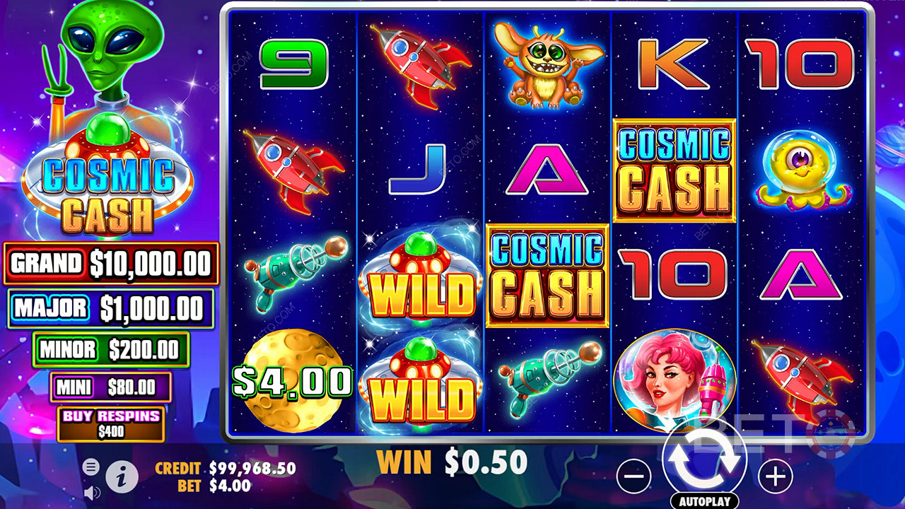 Există o mulțime de simboluri Wild în jocul de bază din jocul de cazino Cosmic Cash.