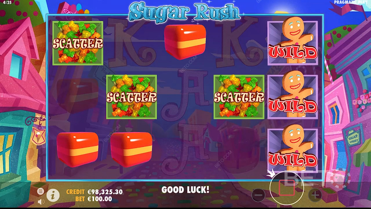 Învârtirile gratuite se activează dacă prinzi cel puțin 3 simboluri scatter în jocul ca la aparate Sugar Rush.