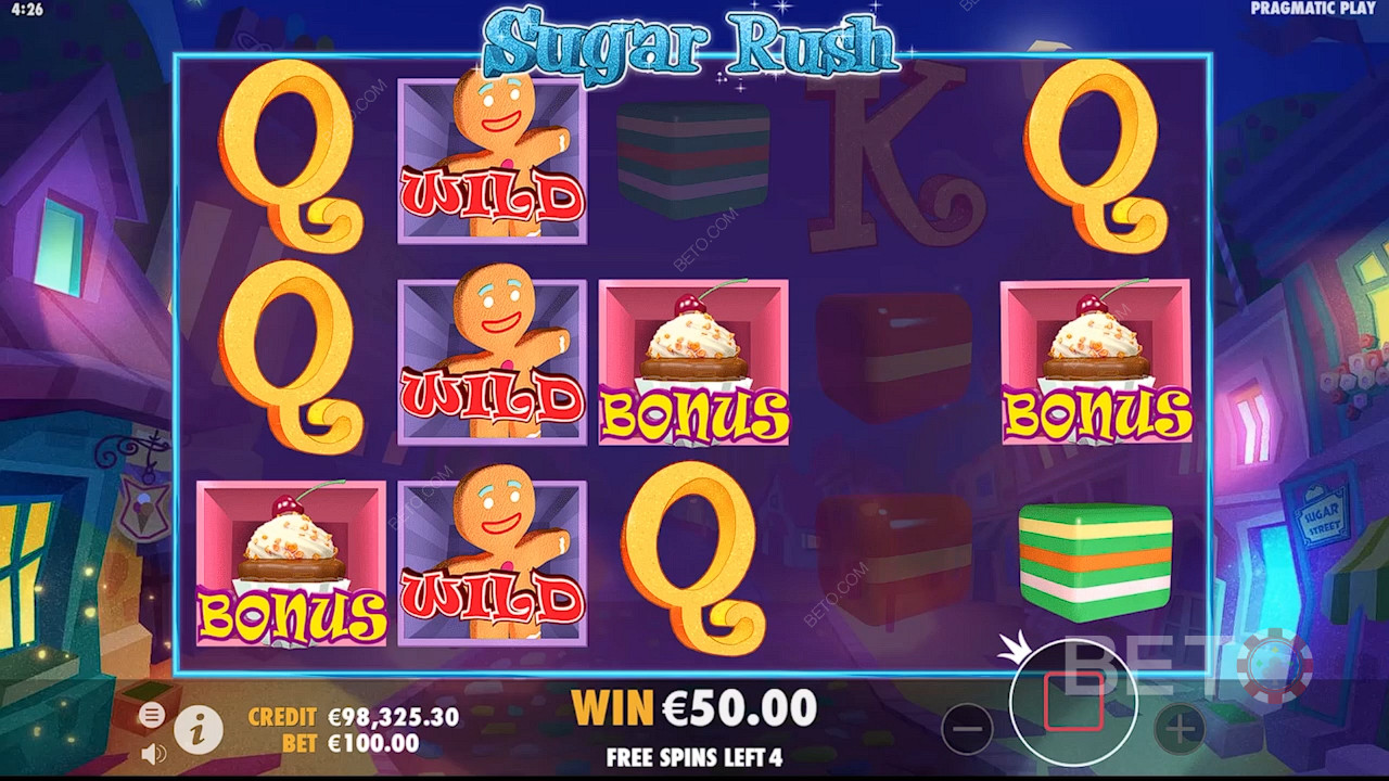 Joacă Sugar Rush și dacă primești 3 sau mai multe simboluri Cupcake, vei declanșa jocul bonus.