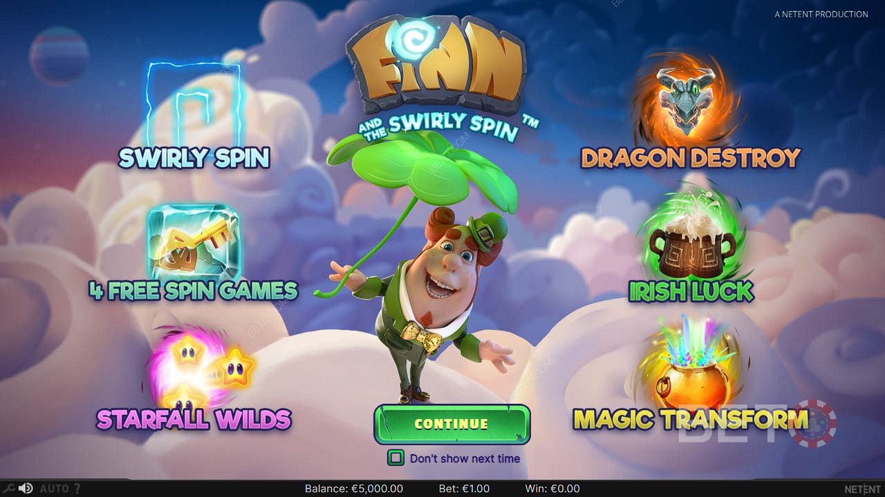 Bucură-te de o gamă largă de funcții interesante în jocul ca la aparate online Finn and the Swirly Spin