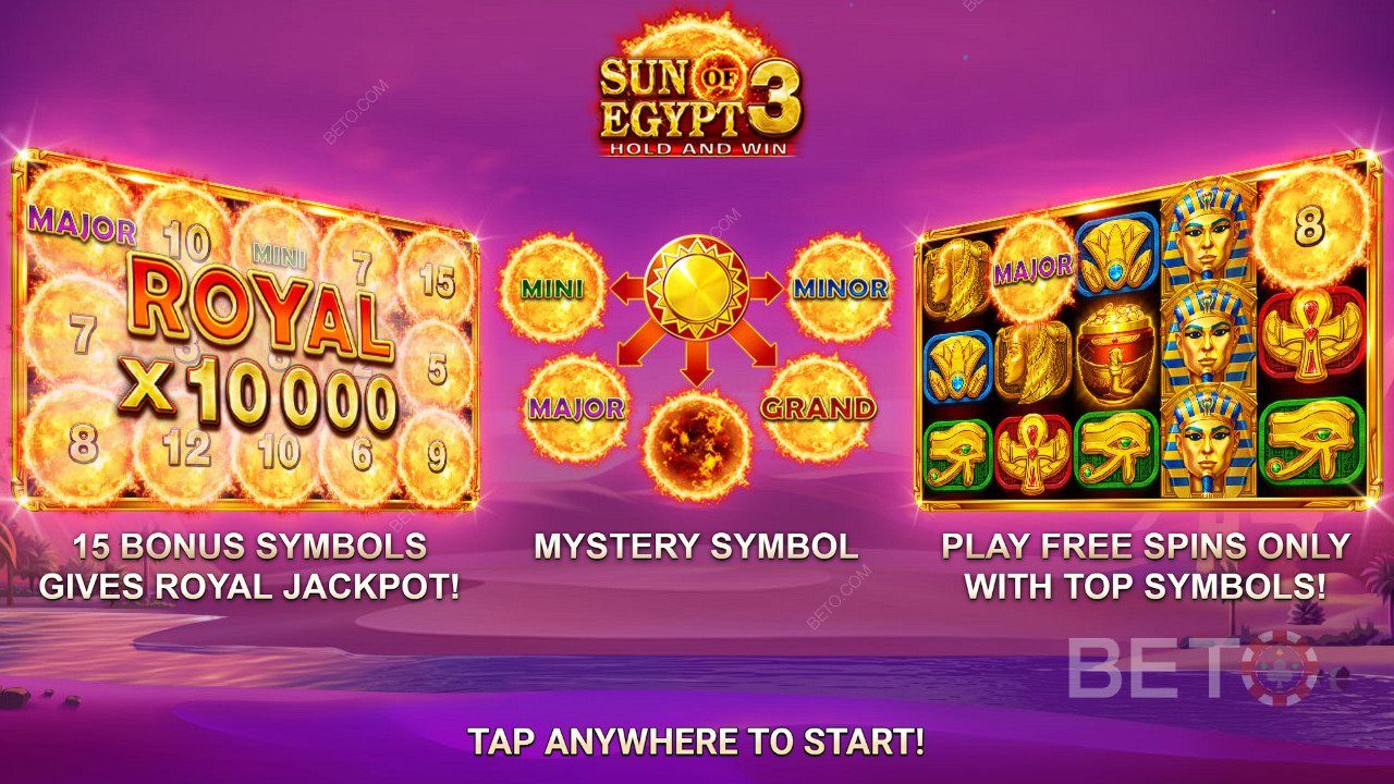 Câștigă 10.000x pariul tău în jocul ca la aparate online Sun of Egypt 3!