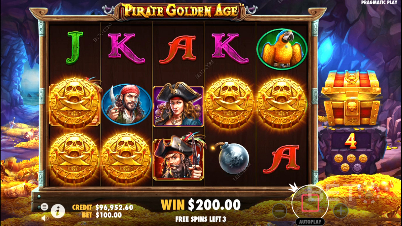 Simbolurile misterioase apar deseori la rotirile gratuite din jocul ca la aparate online Pirate Golden Age