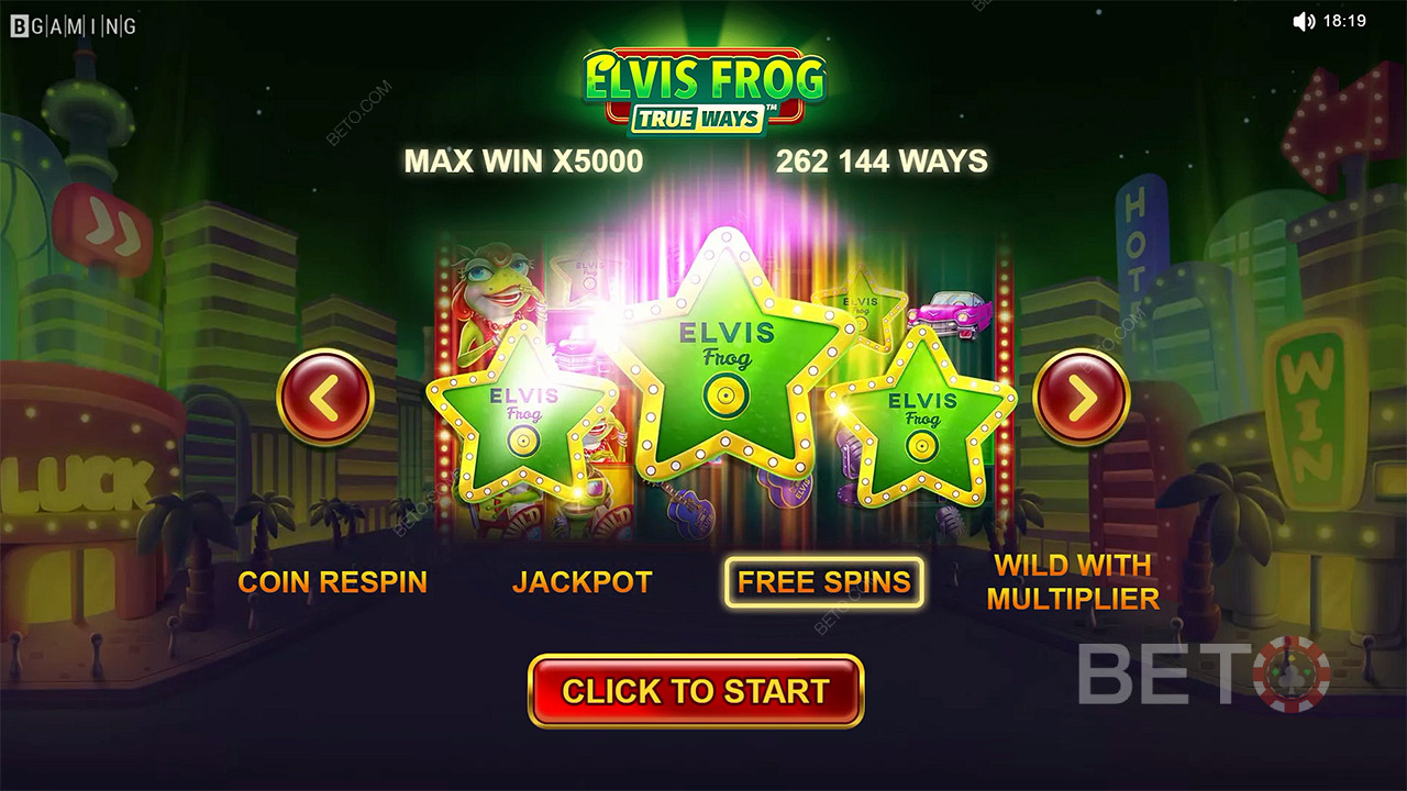 Învârtiri gratuite, Wild-uri cu multiplicator și alte funcții sunt disponibile în jocul de păcănele Elvis Frog TrueWays.