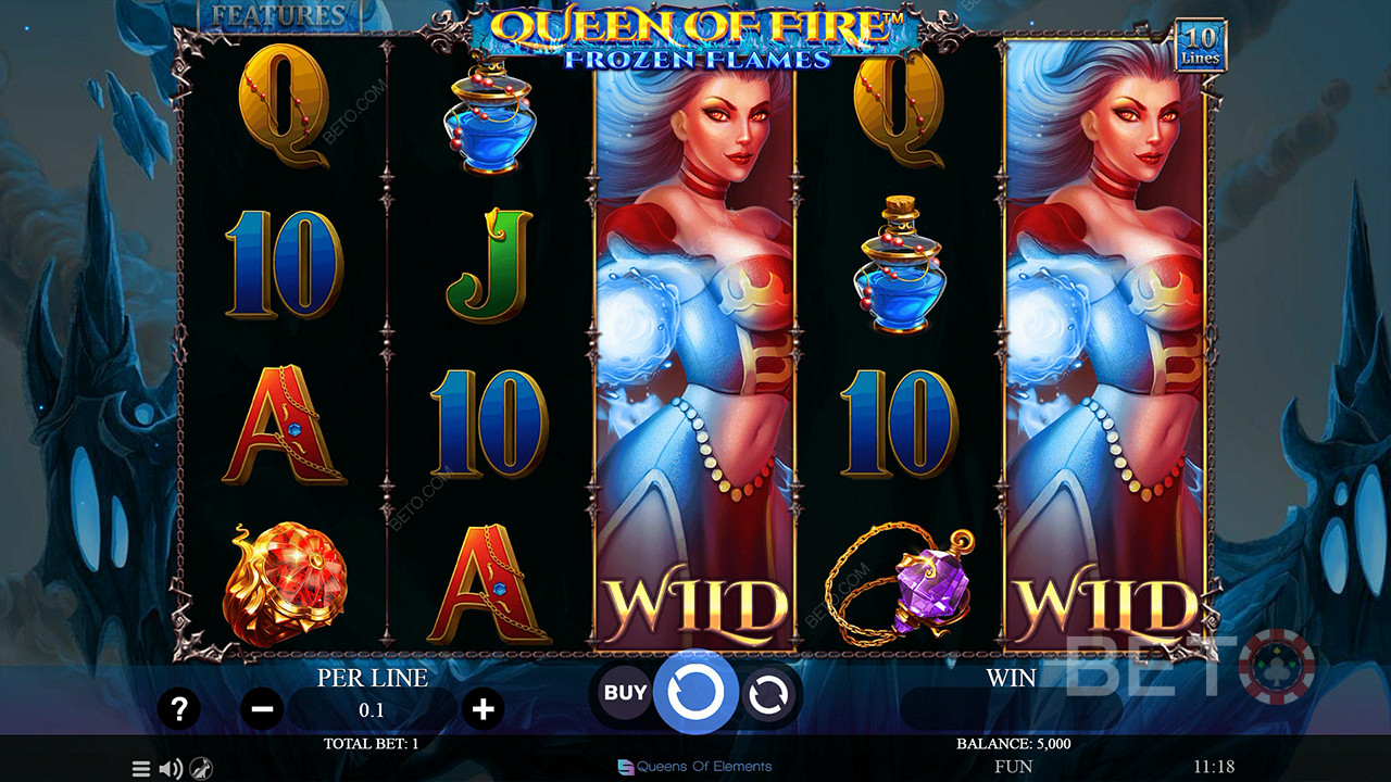 Bucură-te de Expanding Wilds în jocul de bază din jocul ca la aparate Queen of Fire - Frozen Flames