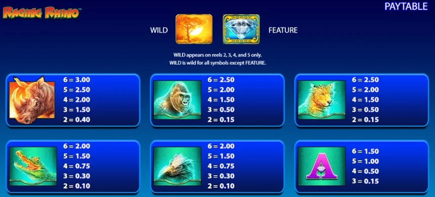 Câștiguri diferite pentru diferite combinații de simboluri în Raging Rhino